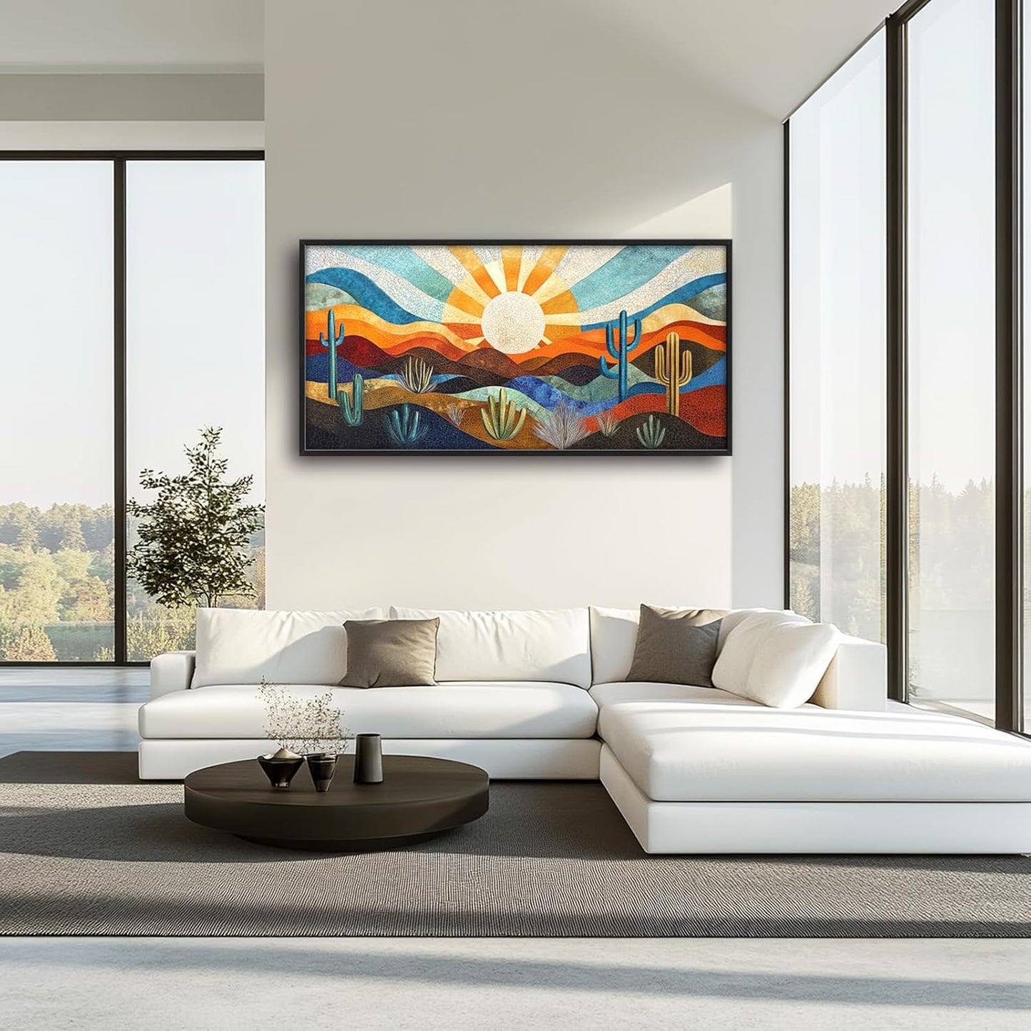 Extra Large Framed Abstract Boho Desert Wall Art, Sun Cactus Landscape Wall Decor Pictures for Living Room,Cacti Canvas Print Painting Modern Artwork Bedroom Office Bathroom Home Decor 60L x 30W