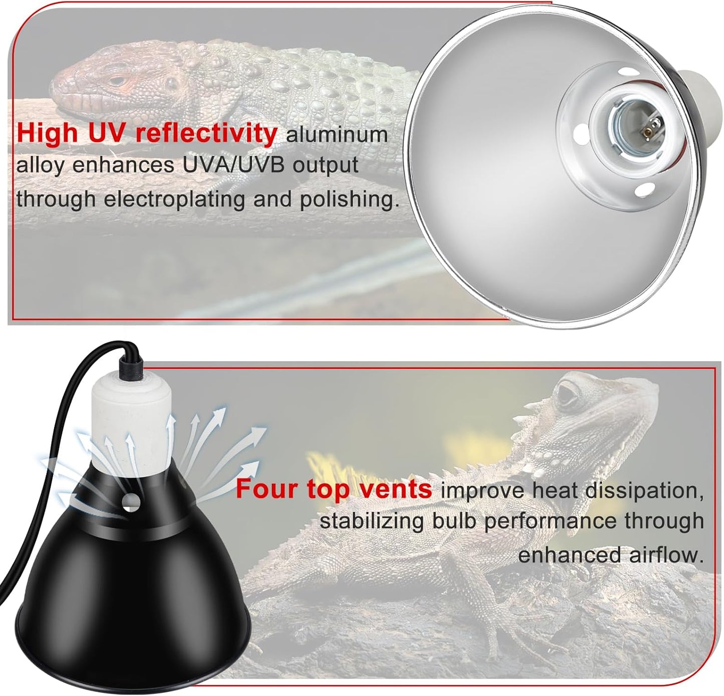 Large Caliber Reptile Lamp Cover Dome Supports Up to 250W, Diameter 7.0 Inch Heat Lamp/Light Fixture Dome Fit for E26 UVA/UVB Basking Bulbs, Perfectly Fit 250 watts Ceramic Heat Lamp