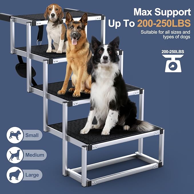Extra Wide Dog Stairs for Large Dogs, Foldable Dog Ramp for Car with Non-Slip Surface, Dogs Stairs for Cars, High Beds, Truck, Supports up to 250 lbs, 4 Steps