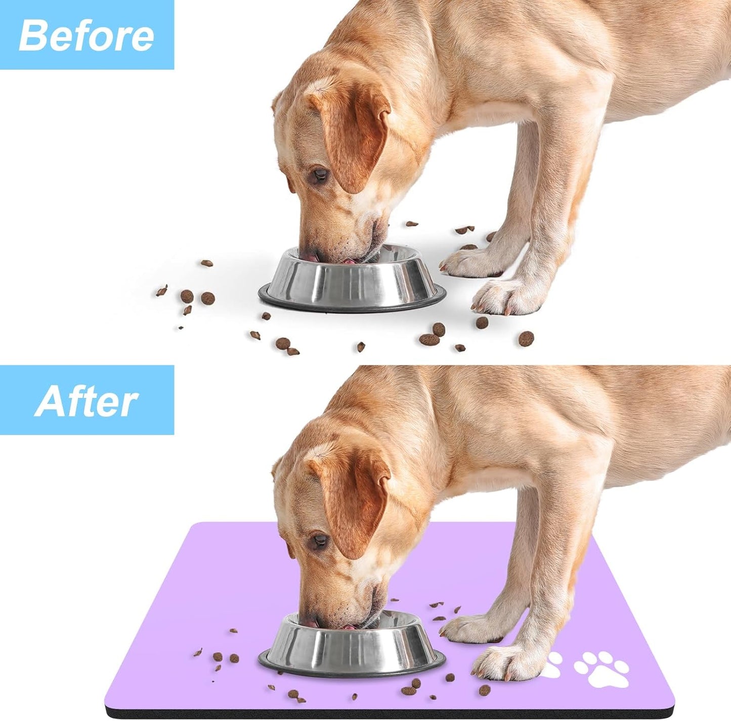 Rnivvi Dog Food Mat, 16" x 24" Footprint Absorbent Dog Cat Bowl Mat for Food and Water, Cute Anti-Slip Rubber Pet Feeding Rug Protect Floors, Puppy Placemat for Feeding & Watering Supplies, Purple