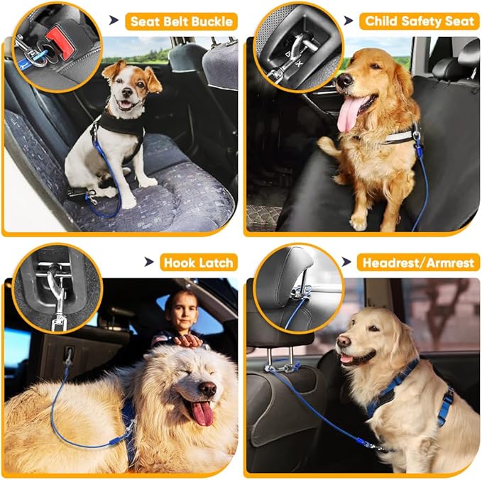 Petbobi Dog Seat Belt for Car - Chew Proof Durable Dog Seatbelt Tether for Small Medium Large Pets - Metal Vehicle Harness Restraint with Double Clips and Latch - Car Leash for Safety Travel
