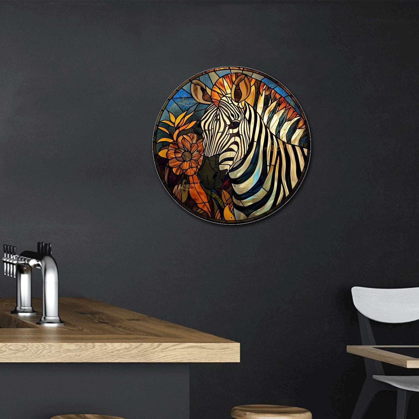 Lygond Metal Sign Tin Sign Circular Stained Glass Zebra Boho Office Decor for Gift 8×8 Inches
