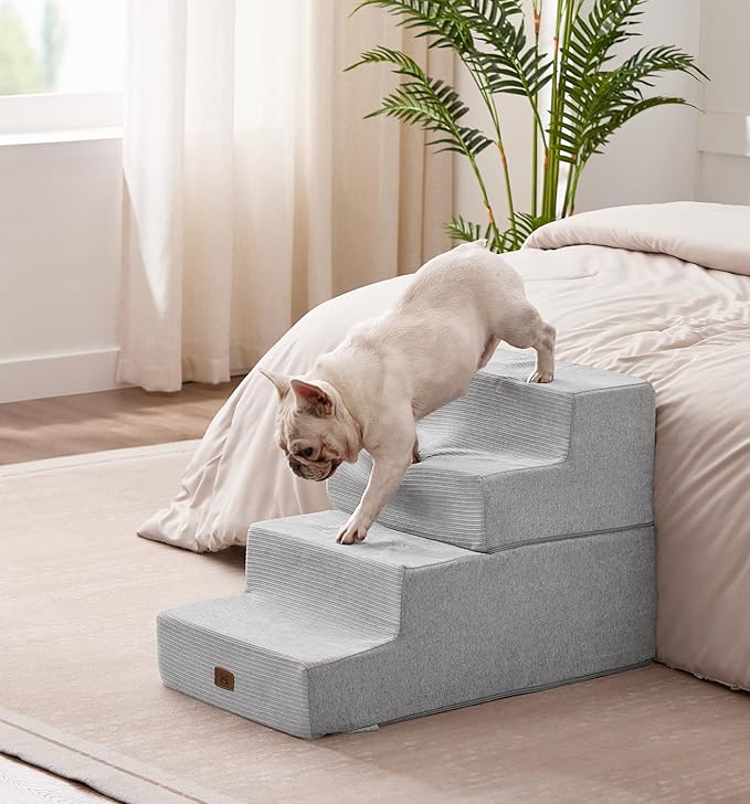 Made4Pets Dog Steps for Bed, Extra Wide Dog Stairs for High Bed Couch Sofa, 35D Foam Pet Steps for Small Dogs and Cats, Non-Slip Bottom Pet Stairs, Light Grey, 4 Steps