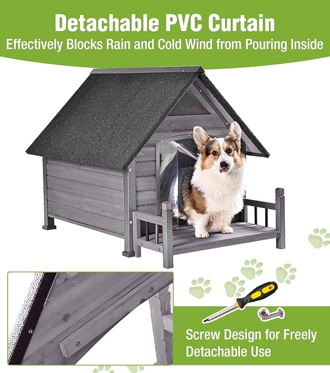 GUTINNEEN Dog House Outdoor Weatherproof with Porch, Puppy Shelter Indoor with Anti-Bite Design, PVC Curtain, Asphalt Roof, Elevated Waterproof Base, for Small to Medium Dogs - Grey