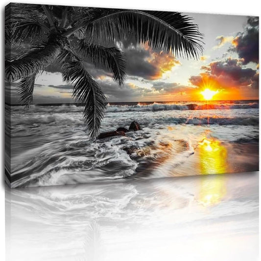 Yxbhhym-Large Canvas Ocean Wall Art Black White Gold Wall Art Beach Pictures for Walls Sunrise Seascape Scenery Print Palm Poster Wave Sea Artwork for Wall Art Living Room Office Wall Decor Bedroom