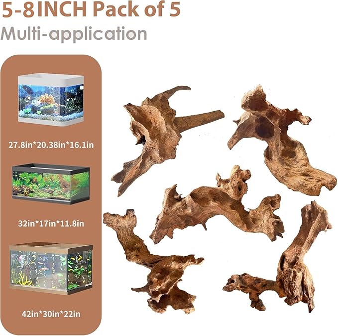 Natural Small Aquarium Driftwood for Fish Tanks & Reptile Terrariums – 100% Safe Fish Tank Decorations, Unique Twisted Branches 5-Piece 4-8 Inch Low Tannin, Easy to Sink