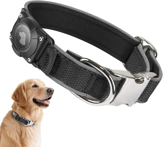 Waterproof Airtag Dog Collar - Nylon Collar with Durable Airtag Holder, Reflective&Anti-Lost with Safety Metal Buckle, Soft Padded Adjustable for Small Medium Large Dogs Black M