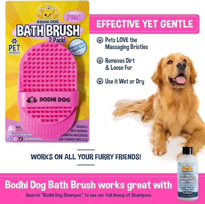 Bodhi Dog Shampoo Brush - Pet Grooming & Bath Supplies for Dogs and Cats - Bath Brush for Long & Short Hair - Premium Scrubber for Shower, Bathing & Massage (Two Pack, Pink)