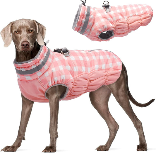 FUAMEY Dog Coat for Large Dogs,Waterproof Dog Winter Jacket with Harness Built in Puppy Cold Weather Coats Reflective Pet Vest with Zipper Warm Fleece Dogs Snowsuit Windproof Pink Plaid 2XL