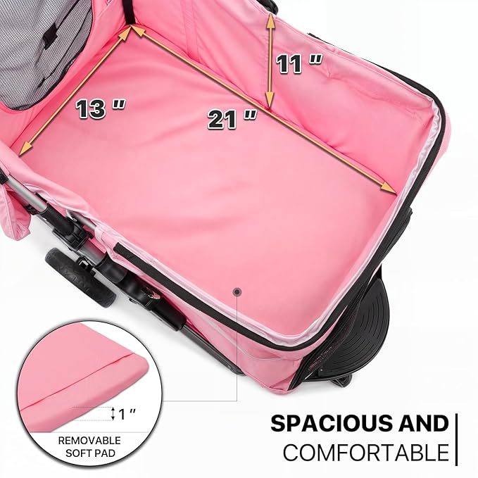 MoNiBloom 3-Wheels Foldable Pet Stroller with Waterproof Cover, Pet Strolling Cart for Small/Medium Dogs and Cats with Storage Basket and Cup Holder, Breathable and Visible Mesh for All-Season, Pink