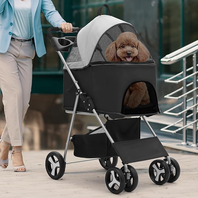 Magshion Foldable Pet Stroller, 3-in-1 Dog Travel Jogger with Detachable Carrier, Cup Holder, Storage Basket, Folding Carrier for Small/Medium Dogs & Cats Up to 33 lbs, Black
