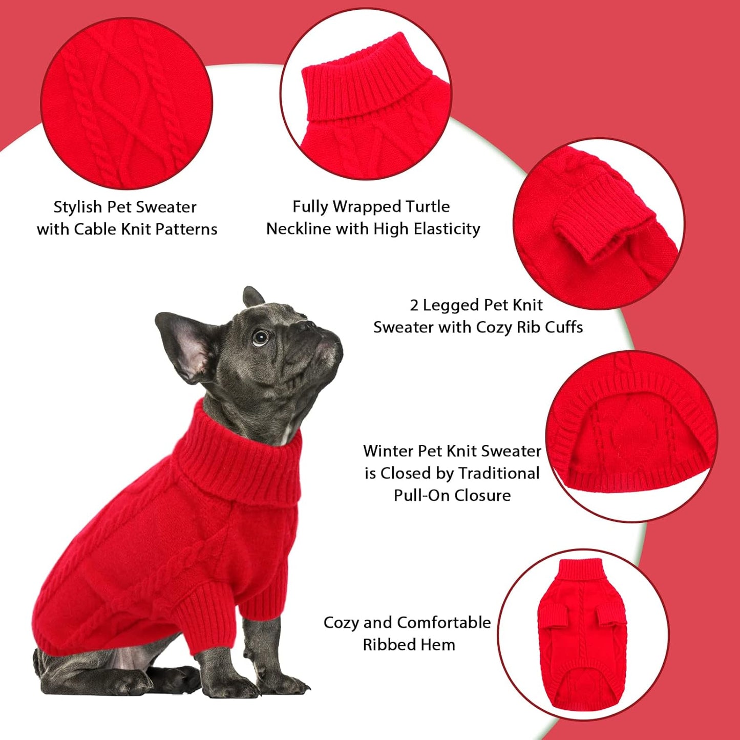 Queenmore Small Dog Pullover Sweater, Cold Weather Cable Knitwear, Classic Turtleneck Thick Warm Clothes for Chihuahua, Bulldog, Dachshund, Pug (Red, Large)