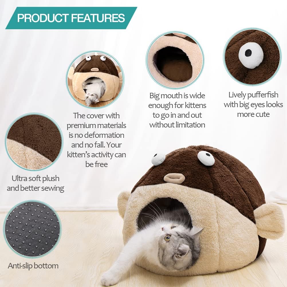 Cat Beds for Indoor Cats - Cat Bed Cave with Removable Washable Cushioned Pillow, Soft Plush Premium Cotton No Deformation Pet Bed, Lively Pufferfish Cat House Design, Brown, Multiple Sizes(L)
