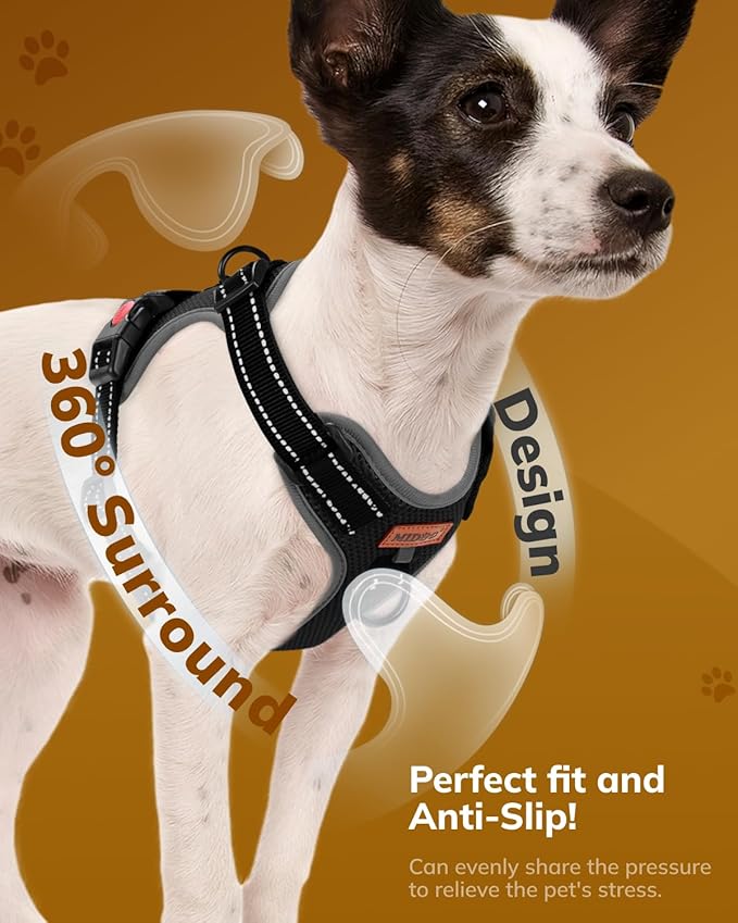MIDOG No-Pull Dog Harness | Adjustable & Reflective Pet Harness Leash Set for Small Medium Large Dogs Walking, Training| No Choke, Front Clip, Soft Padded Vest with Easy Control Handle - Black, XS