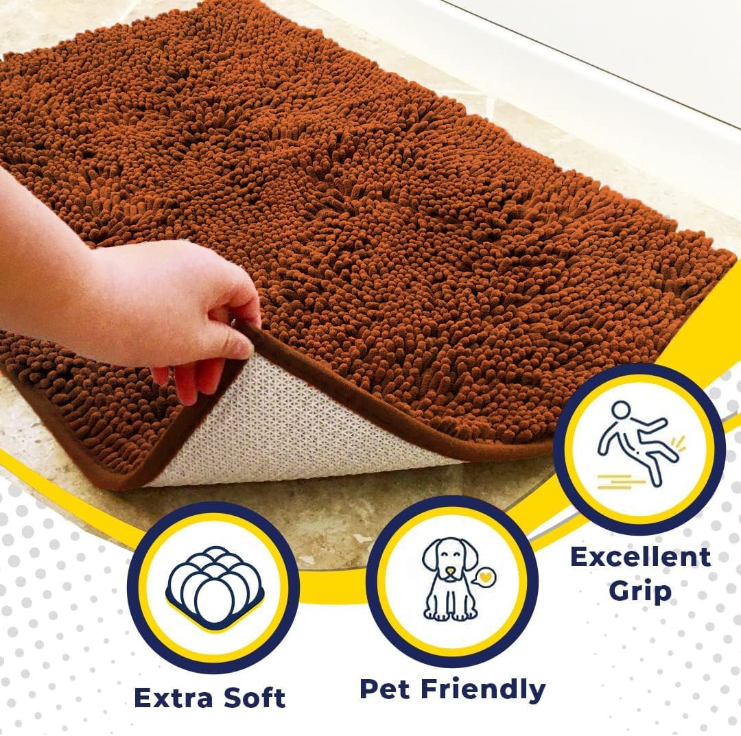 Muddy Mat® AS-SEEN-ON-TV Highly Absorbent Microfiber Dog Door Mat and Pet Rug, Non Slip Thick Washable Area and Bath Mat Soft Chenille for Kitchen Bathroom Bedroom and Indoor - Orange Large 35"X24"