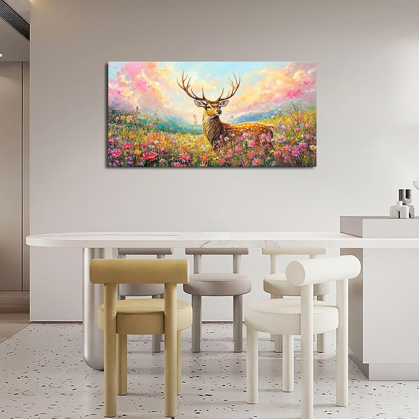 Deer Large Wall Art Wildflower Landscape Pictures Rustic Flowers Wall Decor Wild Animal Nature Canvas Print Painting Artwork for Bathroom Living Room Bedroom 30"x60"