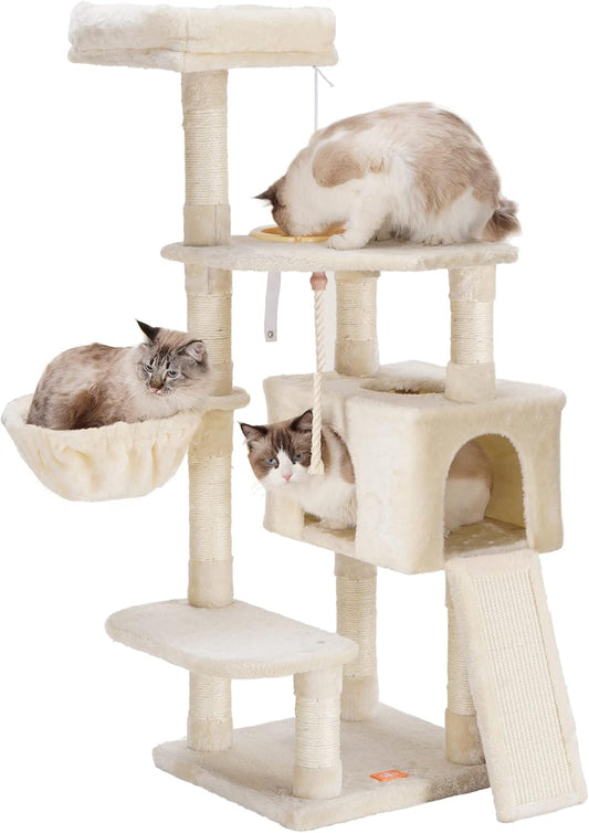 Heybly Cat Tree, Cat Tower for Indoor Cats with Scratching Board, Multi-Level Cat Furniture Condo with Feeding Bowl, Beige HCT010M