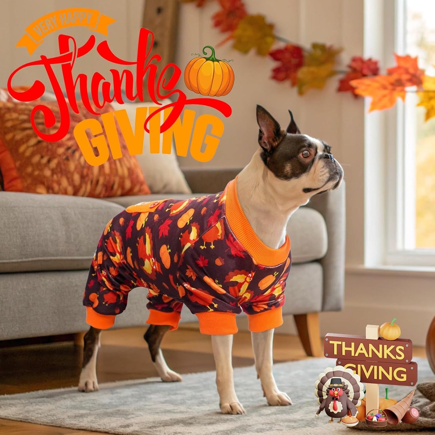 BEAUTYZOO Dog Thanksgiving Pajamas Medium Sized Dog, Fleece Funny Ghost Pumpkin Costumes for Dogs, Soft Stretchable Doggy Onesie with Feet, Pet Apparel Clothes for Large Dogs Boy Girl, Orange M