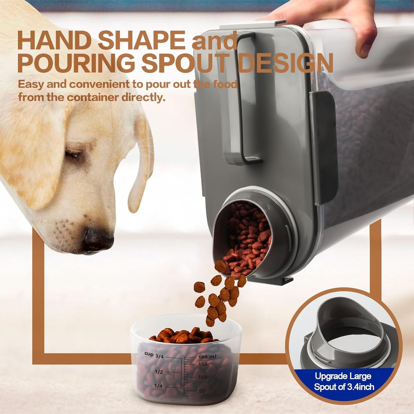 Dog Food Storage Container, 5-7 Lbs Airtight Pet Food Container, Cat Food Container Dispenser with Portable Handle, Pouring Spout and 4 Seal Buckles for Dogs Cats 2 Pack Grey