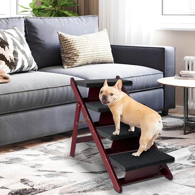 BRIKY Wooden Dog Stairs/Steps - Foldable 4 Steps Dog Steps for High Bed Couch Cars, Non-Slip Pet Stairs for Small Large Medium Dogs and Cats, No Assembly Required