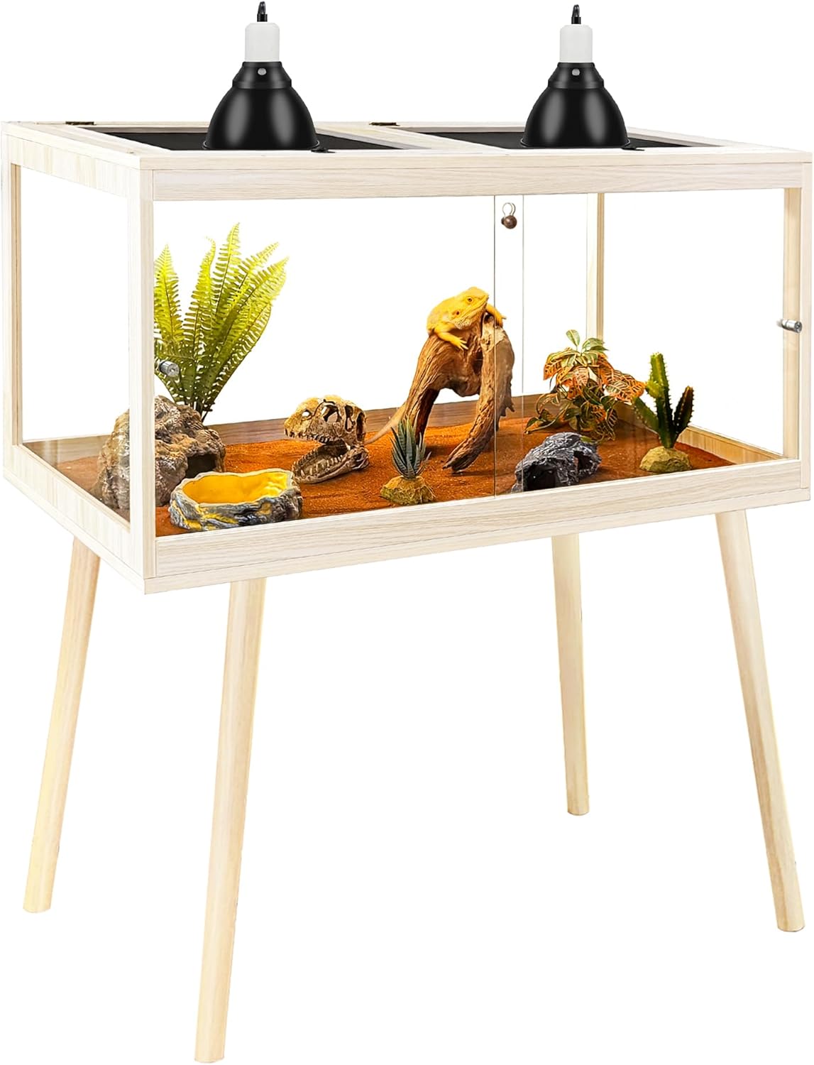 PROLEE Tempered Glass Reptile Enclosure with Leg,32“ Scratch-Proof Bearded Dragon Tank,32 Gallon Lizard Tank with Metal Mesh Tops and Lockable Door,Spacious Reptile Habitat for Snake,Lizard (Oak)