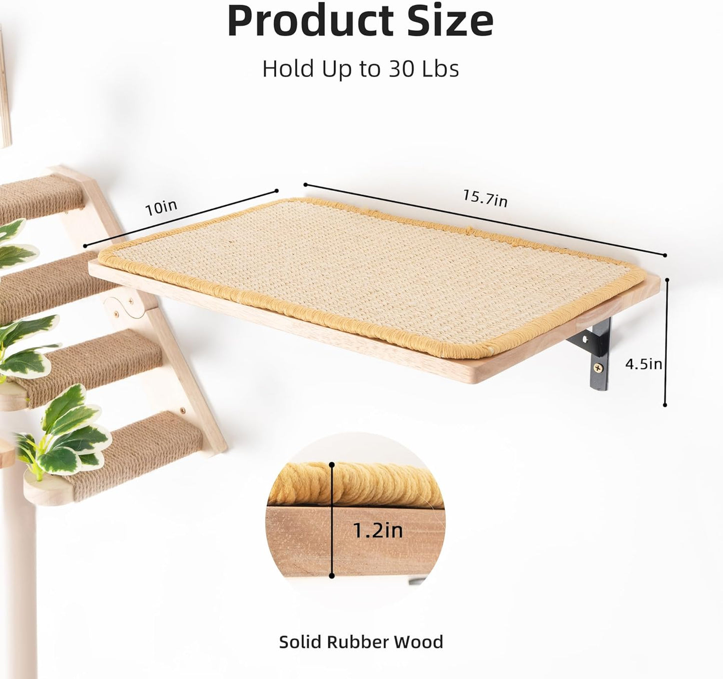 Meowoou Cat Wall Shelf with Sisal Mat, Wall Mounted Rubber Wood Cat Wall Furniture, Cats Climbing Steps for Wall, Cats Window Perches for Sleeping, Playing and Scratching