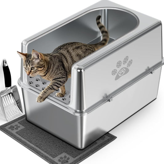 Enclosed Stainless Steel Cat Litter Box with Lid, XL Metal Litter Box for Big Cats, Extra Large Cat Toilet with High Side, Non-Stick, Anti-Leakage, Odorless, with Cats Litter Mat & Litter Scoop