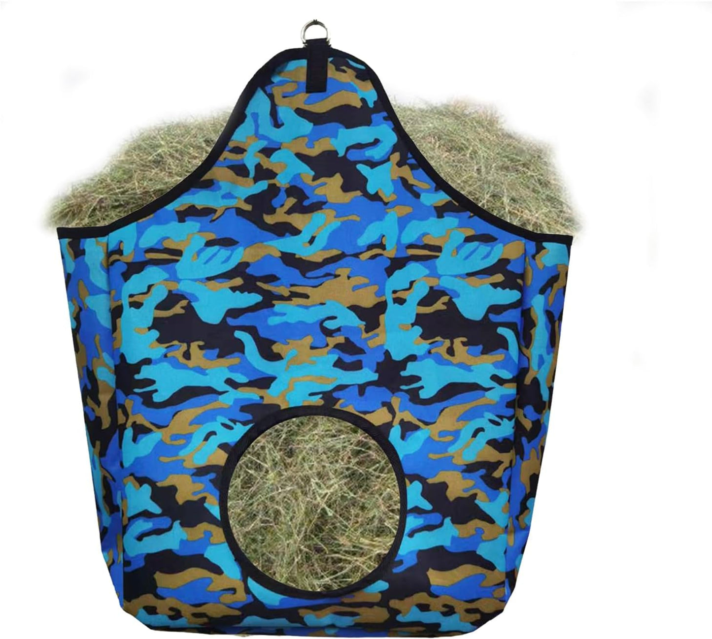 Horse Hay Bag Durable Oxford Fabric, Large Capacity Feeding Bag with Metal Snap Fastener, Slow Feeding Hay Sack, Ideal for Horse Cow Goats Donkey Perfect Hay Feeder with Open Feed Hole (Camouflage)