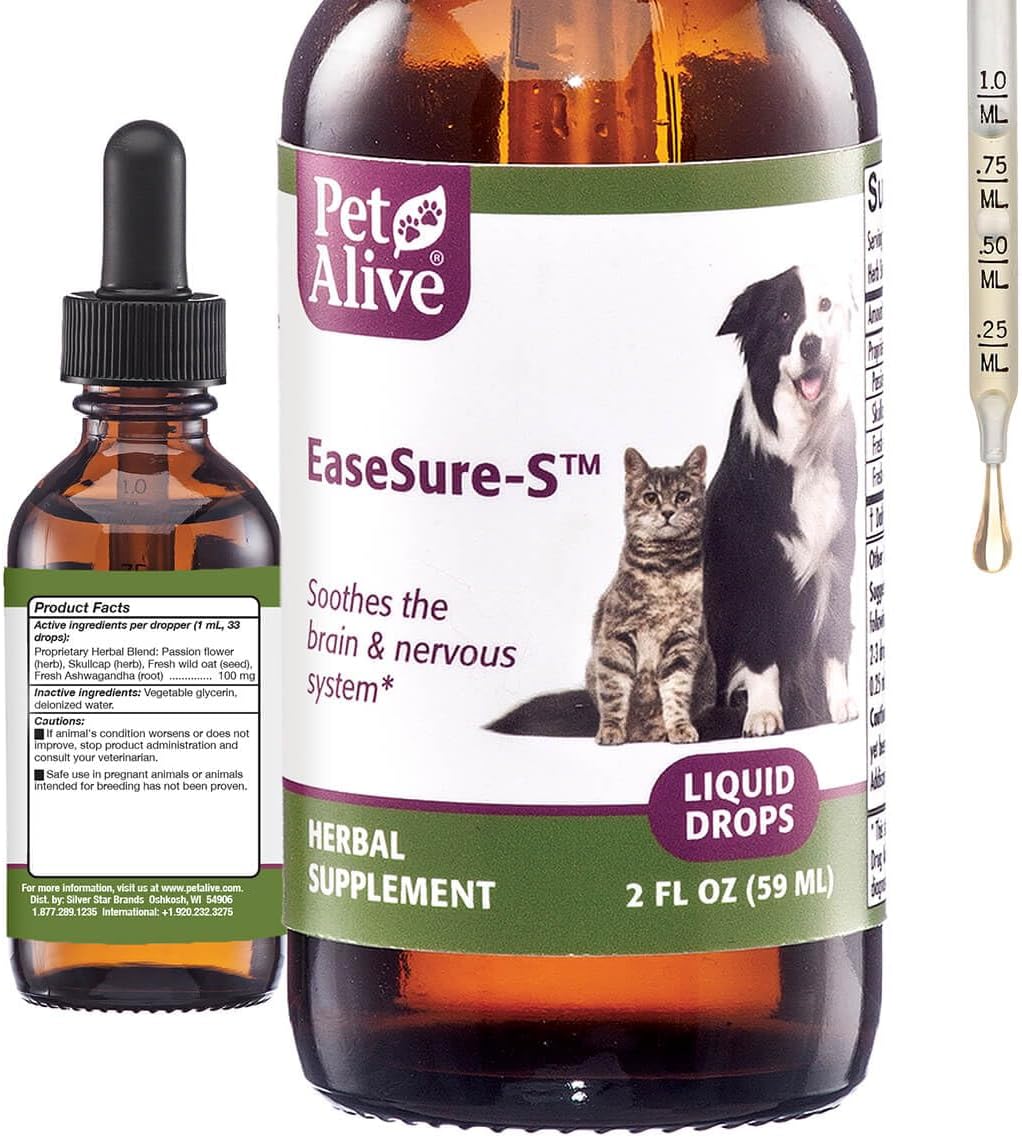 PetAlive EaseSure-S - Dog and Cat Calming Drops - Herbal Pet Supplement to Relax and Reduce Involuntary Muscle Movements, Twitching - Care for Cats and Dogs - 59 mL