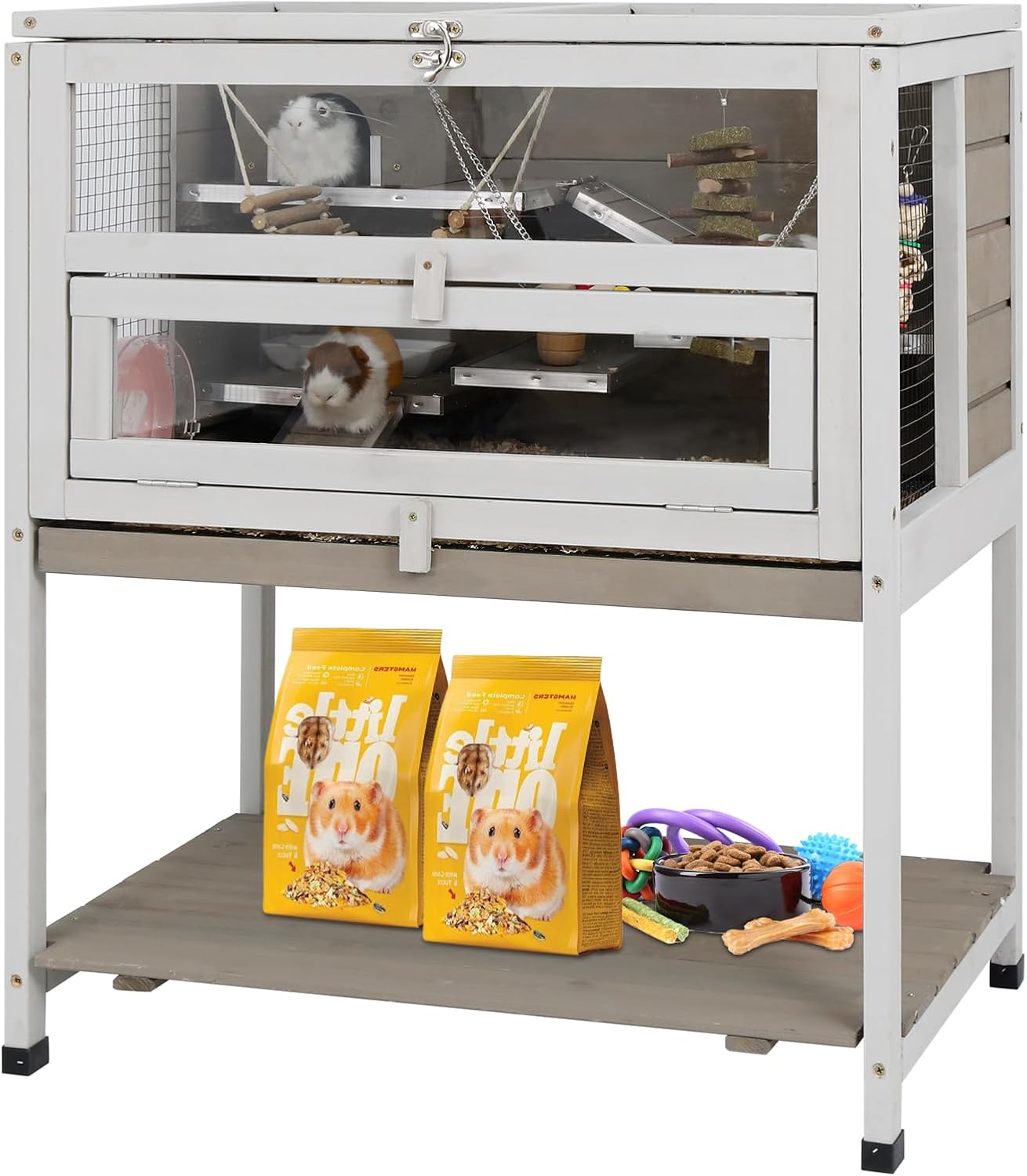 Guinea Pig Cages Wooden Hamster Cage Indoor with Stand and Storage Outdoor Small Animals Habitat with Metal Edges Ramps Hideout House,No Leak and Pull Out Tray, Easy Clean