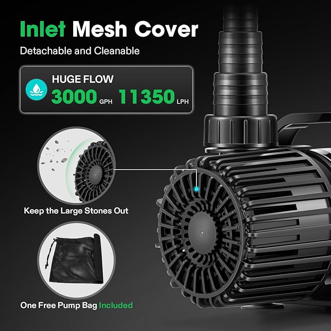 VIVOSUN 3000 GPH Submersible Water Pump with Barrier Bag, 150W Pond Pump, Ultra Quiet Aquarium Pump with 15FT. Lift Height for Pond, Waterfall, Fish Tank, Statuary, Hydroponic