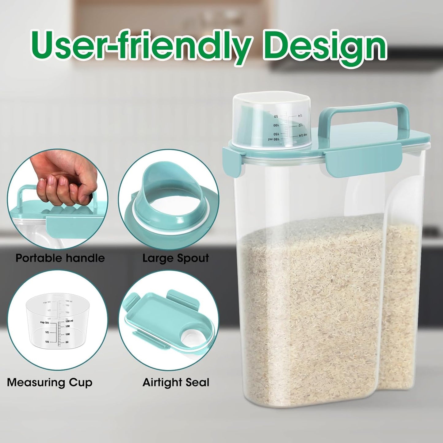TBMax Airtight Rice Container 10 Lbs Cereal Dispenser, Small Pet Cat Dog Food Storage Container, Plastic Kitchen Pantry Food Storage Holder with Cup -Light Blue