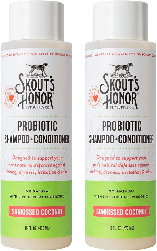 Skout's Honor Probiotic Dog Shampoo & Conditioner with Avocado Oil & Omega-3s, 97% Natural, Paraben & Sulfate-Free, Cruelty-Free, 16oz, Sunkissed Coconut, 2-Pack