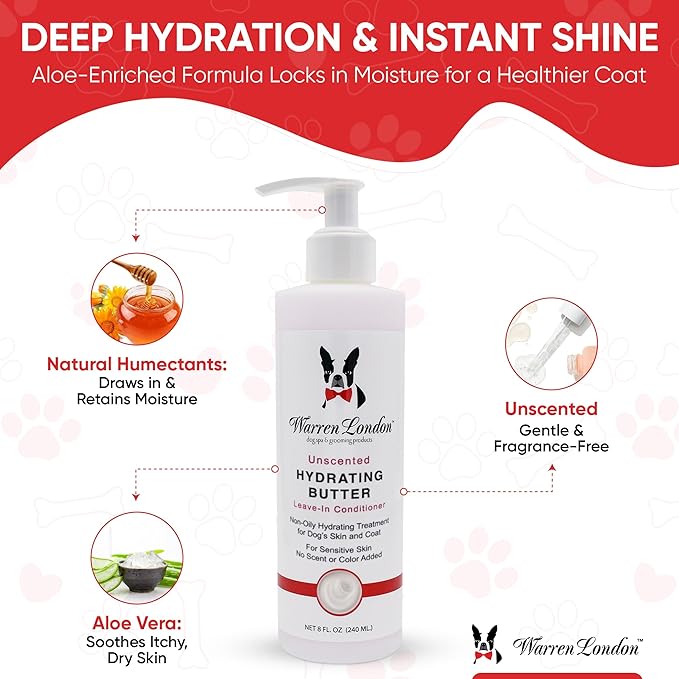 Warren London Hydrating Butter Leave in Pet Conditioner for Dogs | Lotion for Skin and Coat | Aloe Puppy & Dog Conditioner for Hair Detangler, Dry Skin, & Dandruff | Unscented 1gal