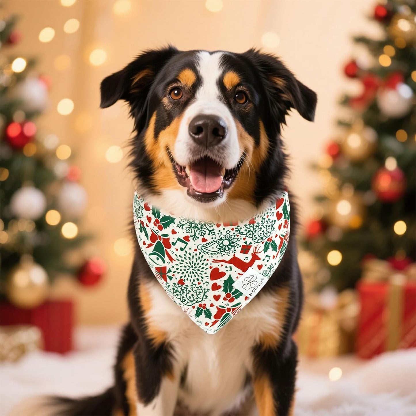 E-Clover Christmas Dog Bandanas & Matching Scrunchie Set White Green Red Dog Scarf Bibs Pet Bandana with Bow Tie for Medium Large Dogs Owner Mom Winter