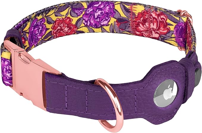 AirTag Dog Collar for Small Medium Large Breed - Adjustable Cute Pattern Dog Collar with Airtag Holder - Soft Leather Tracker GPS Apple Air Tag Pet Collars (X-Small, 9"-12" Neck Fit, Peonies)