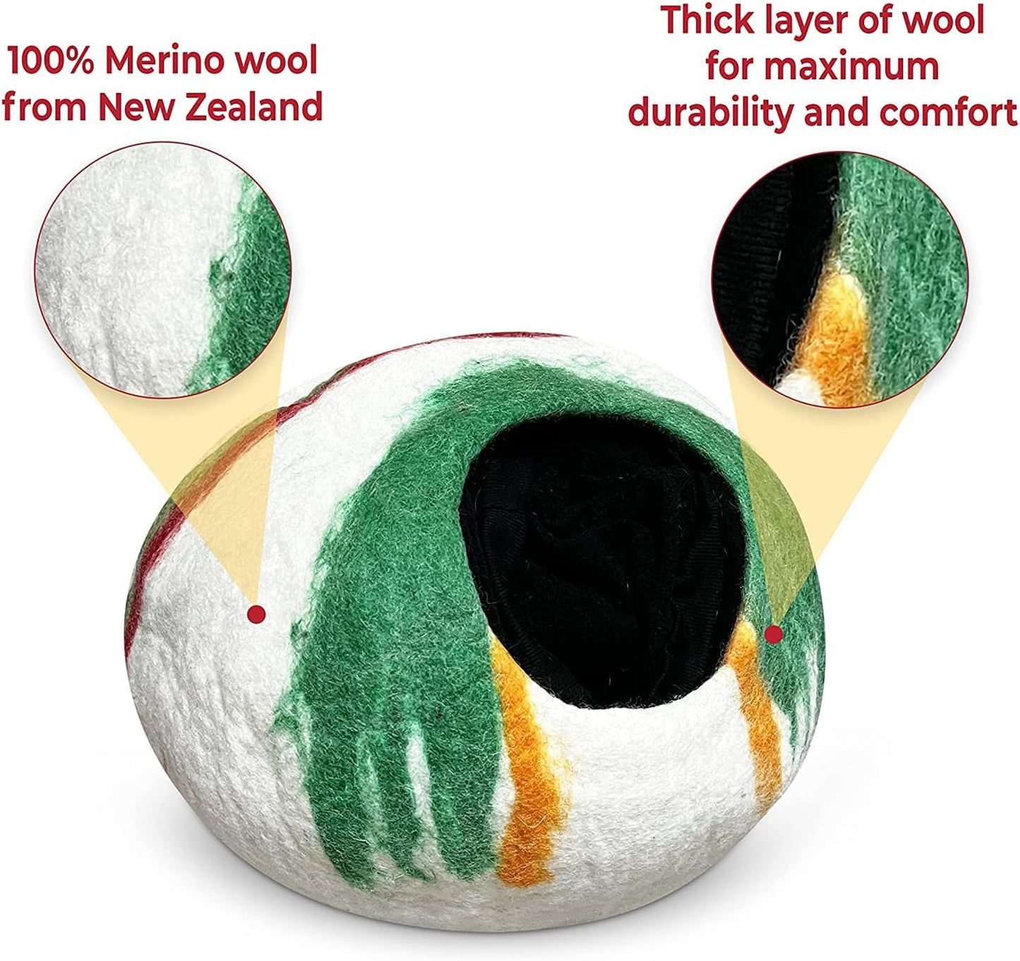 Woolygon Premium Felt Cat Cave Bed – Wool Kitty Beds Handcrafted Kitten Caves Bed for Indoor Cats - Made from 100% Eco-Friendly Merino Wool, Foldable Cat Hidewawy Covered Cat House Pod (Candy Swirl)