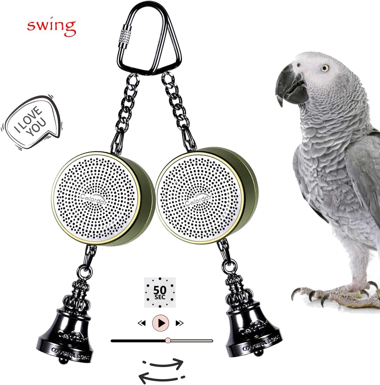 Colorday Bird Toys Parrot Talking Coach & Interactive Voice Bell for Parakeet, African Grey, Amazon Parrots, Quaker, Cockatiel, Conure (Green)