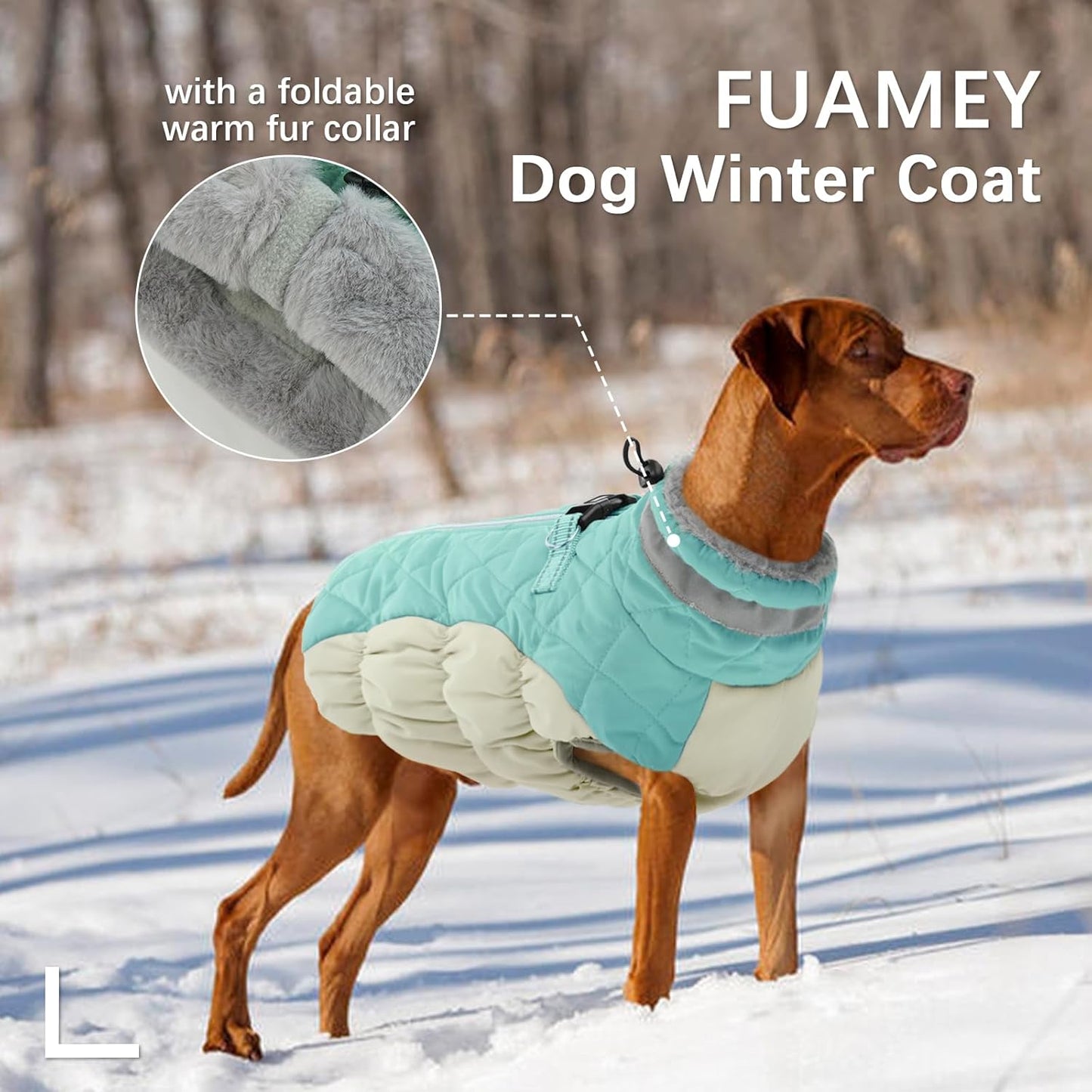 FUAMEY Dog Coat for Large Dogs,Waterproof Dog Winter Jacket with Harness Built in Puppy Cold Weather Coats Reflective Pet Vest with Zipper Warm Fleece Dogs Snowsuit Windproof Mint Green XXXL