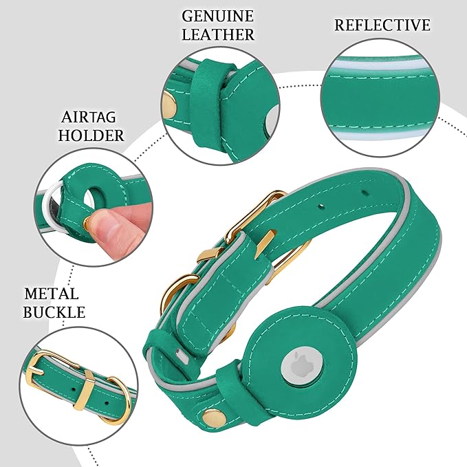 OOPSDOGGY Reflective Geniune Leather Airtag Dog Collar Soft Padded Collars for Small Medium Large Breed Dogs Puppy, 4 Sizes, 7 Colors (Teal, Small, 9"-12")