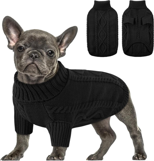 Queenmore Small Dog Pullover Sweater, Cold Weather Cable Knitwear, Classic Turtleneck Thick Warm Clothes for Chihuahua, Bulldog, Dachshund, Pug (Black, Small)