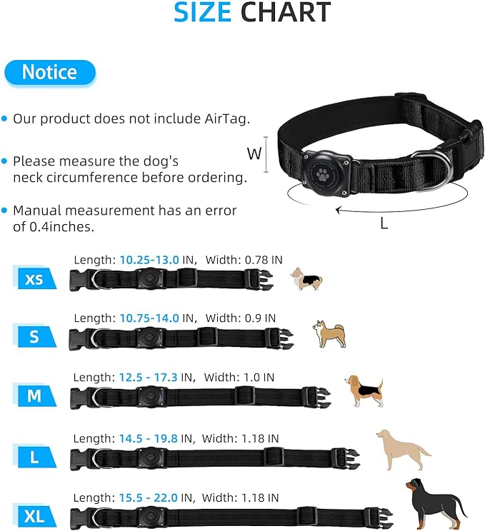 Upgraded AirTag Dog Collar, IP68 Waterproof Air Tag Dog Collar Holder, Reflective, Ultra-Durable, Comfortable Padded, Heavy Duty Dog Collars for Small Medium Large Dogs (XL (15.6"-22"), Black)
