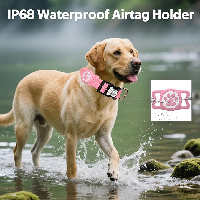 Dog Collar with Waterproof AirTag Holder & Anti-Lost QR Code, Cute Bling Warpping Adjustable Width for Small Medium Large Pet (Red, L)