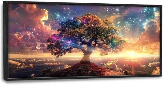 Tree Sunrise Large Wall Art Tree of Life Pictures Foggy Mountain Landscape Wall Starlight Nature Decor Canvas Print Painting Artwork for Bathroom Living Room Bedroom 60L" x 30W"