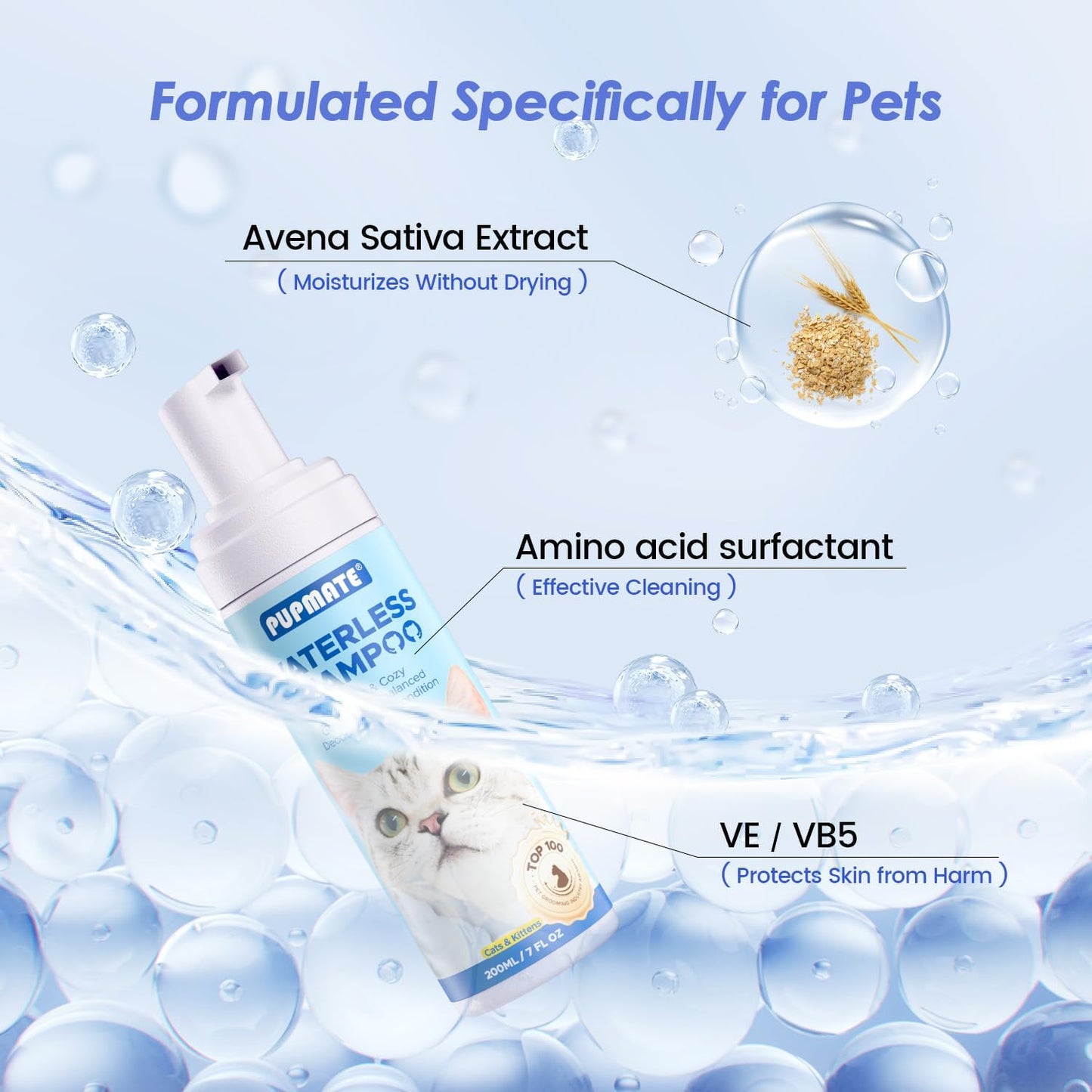 Cat Waterless Shampoo with Brush - No Rinse Formula for Quick Clean Between Baths, Hypoallergenic & Detangling, Reduce Itchy Skin Shedding, Vet-Recommended for Kittens/Senior Cats, Coconut Scent