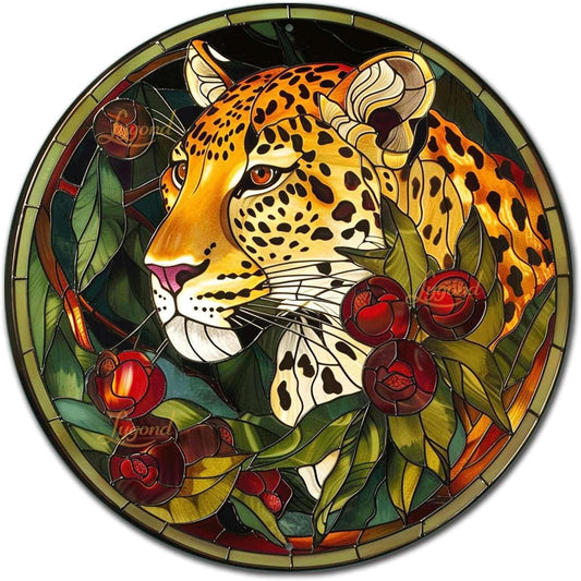 Lygond Metal Sign Tin Sign Circular Stained Glass Leopard Metal Garden Signs For Pet 8×8 Inches