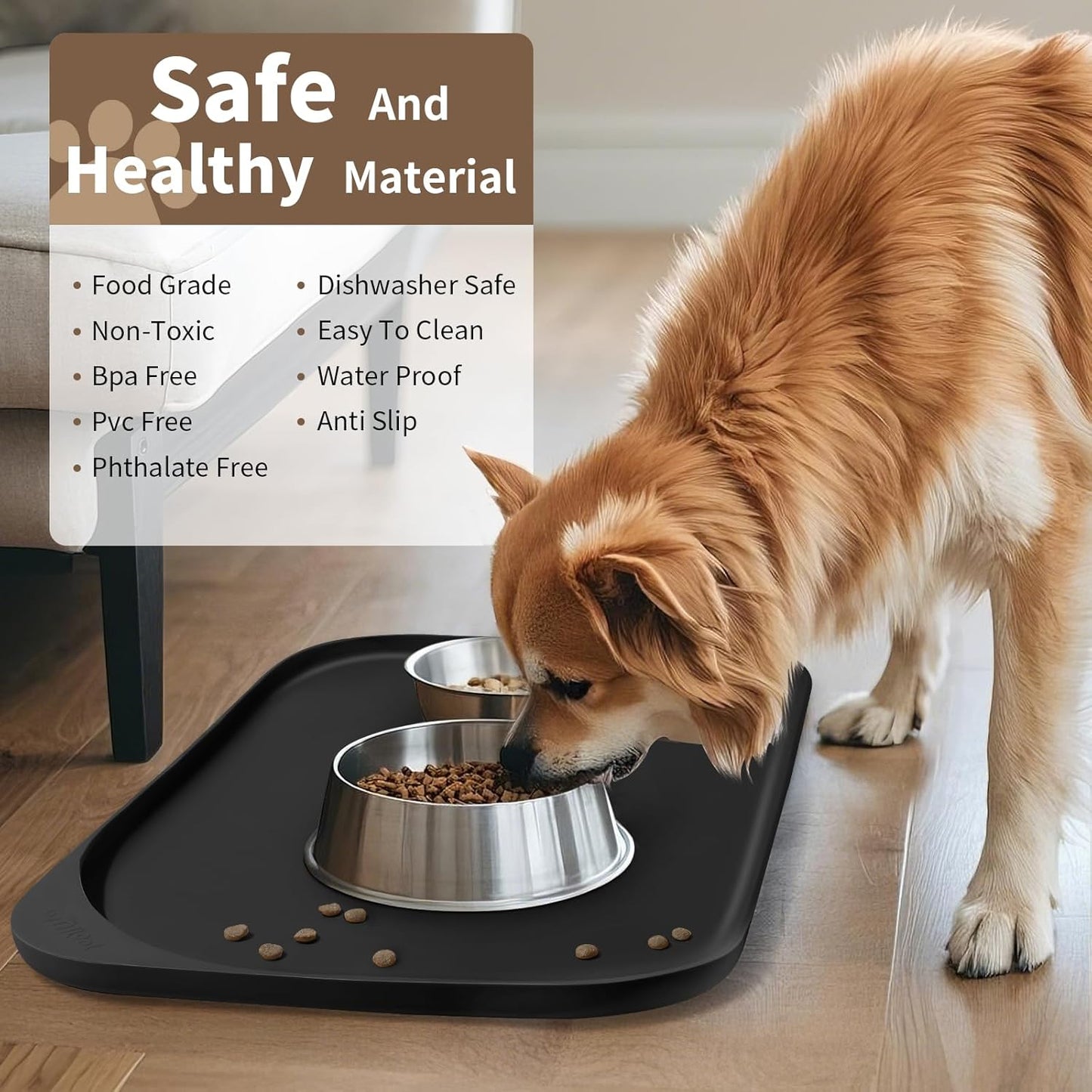 Silicone Pet Feeding Mat with Raised Edge & Residue Collection Pocket for Food and Water, Dog Bowl Mats, Cat Bowls Placemat with High Lip for Floor Waterproof, 19 x 12 x 0.7 Black