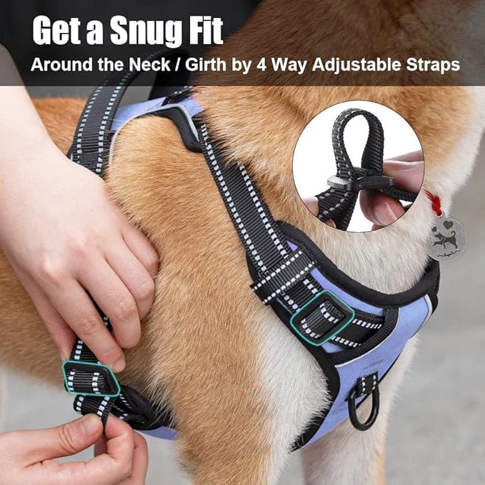 PoyPet No Pull Dog Harness, Reflective Comfortable Vest Harness with Front & Back 2 Leash Attachments and Easy Control Handle Adjustable Soft Padded Pet Vest for Small to Large Dogs (Light Blue,XL)