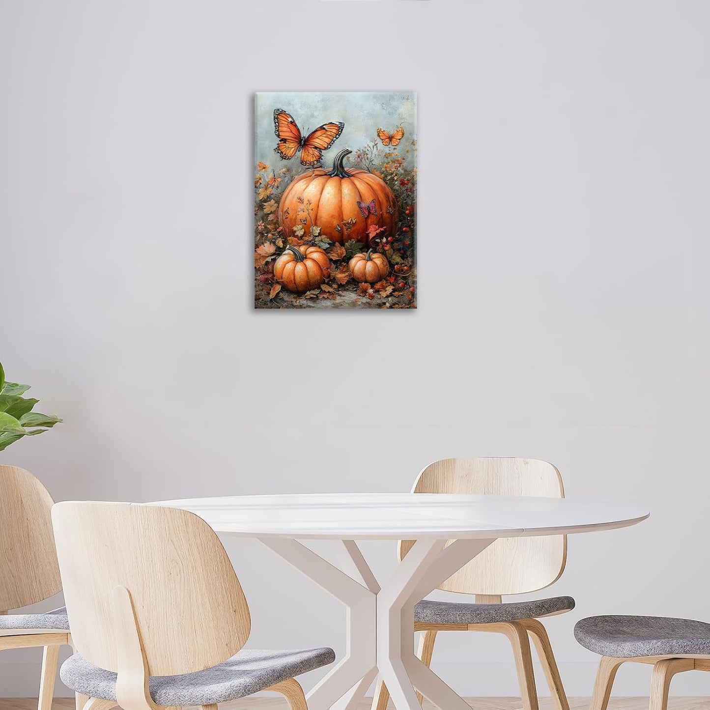 Fall Pumpkin Pictures Wall Art, Rustic Thanksgiving Bathroom Wall Decor, Farmhouse Autumn Butterfly Framed Painting Canvas Artwork for Harvest Gift Bedroom Living Room Decorations 16"L x 12"W