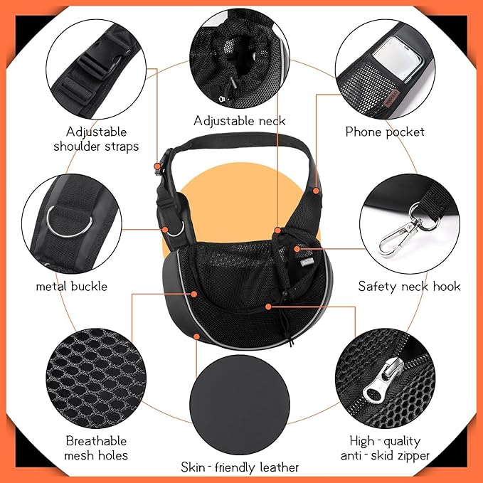 YUDODO Pet Sling Carrier for Small Dogs & Cats – Hands-Free Puppy Carrier with Safety Hook, Large Zipper Pocket, Soft Breathable Mesh, Adjustable Strap & Reflective Strip (Black 3.0 S)